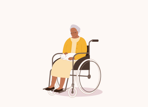 白猫坐在轮椅上的残疾黑人老年妇女的腿上。图片下载