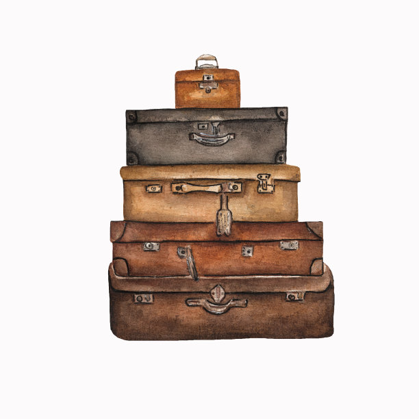 白色水彩旅行箱。手绘水彩画的复古棕色手提箱。图片下载