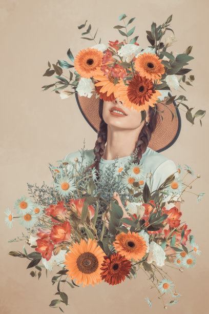 年轻女子与花的抽象艺术拼贴图片下载