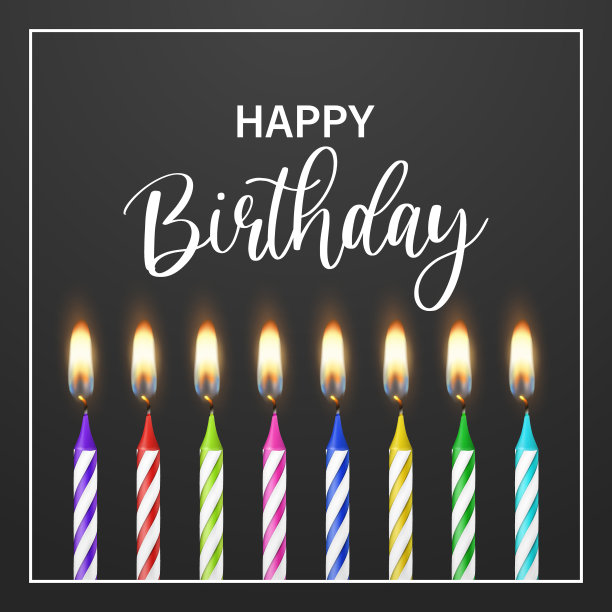 生日快乐。矢量横幅，贺卡与3d现实石蜡或蜡燃烧的生日聚会蜡烛和火焰设置在黑色背景。设计模板，剪贴画，生日概念图片下载
