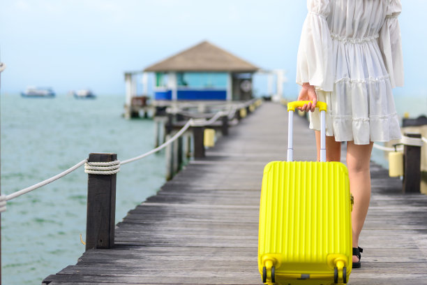 在酒店带行李箱的人，带黄色行李的快乐女旅行家，带大包小包的人，出国度假的快乐游客图片下载