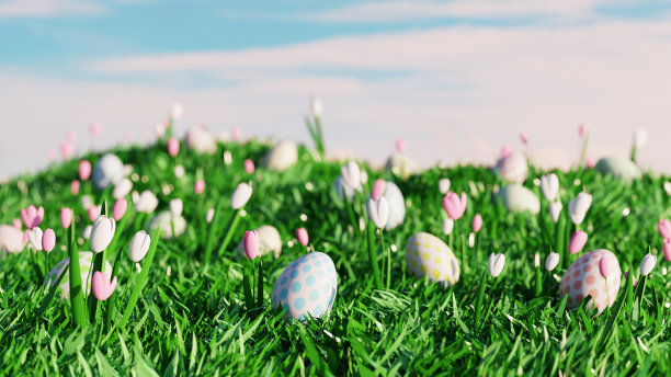 复活节景观与彩色鸡蛋和郁金香花在田野上。三维渲染图片下载