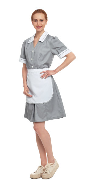 女服务员身穿整洁制服的全身像，白色背景图片下载