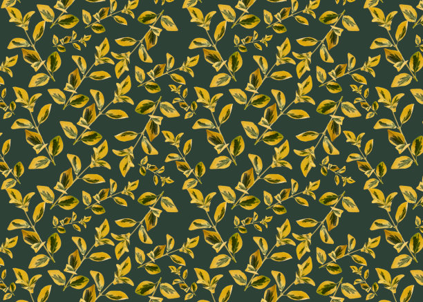 绿色背景上黄色树枝的无缝图案。花卉图案。纺织面料设计。纺织品、壁纸设计。图片下载