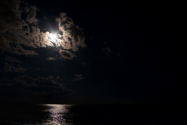 夜晚的海滩，大海和月光与云图片下载