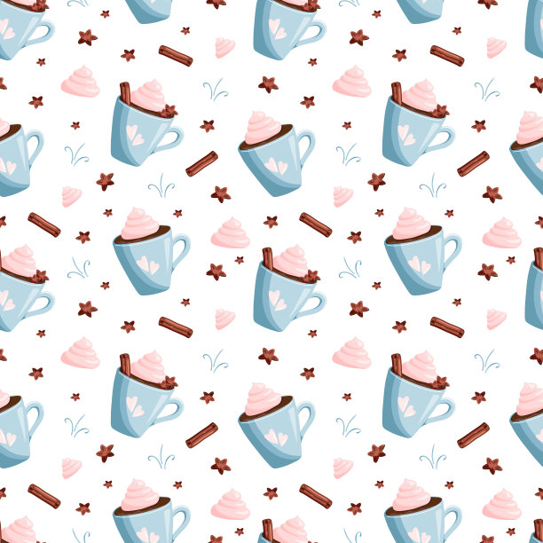 可爱的冬季无缝图案与蓝色马克杯咖啡和奶油。冬季插画。蓝色马克杯与可可，奶油，八角和肉桂棒无缝模式。图片下载