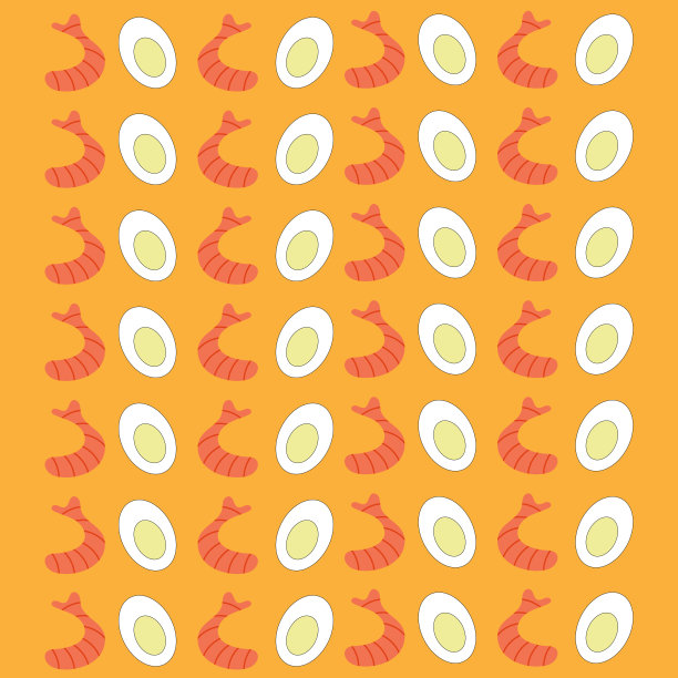 东方图案，虾和鸡蛋在橙色的背景。图片下载