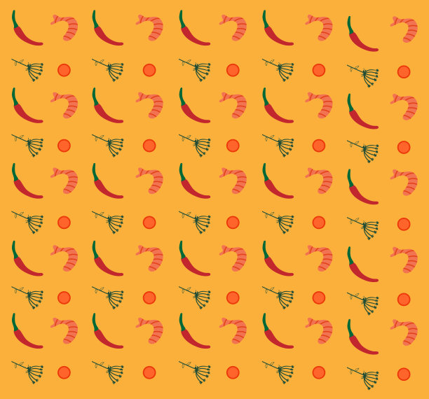 无缝的图案与海鲜。矢量插图虾，辣椒和红色鱼子酱的橙色背景。图片下载