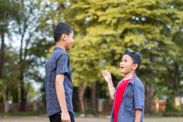 两个男孩在公园里开玩笑玩耍图片下载