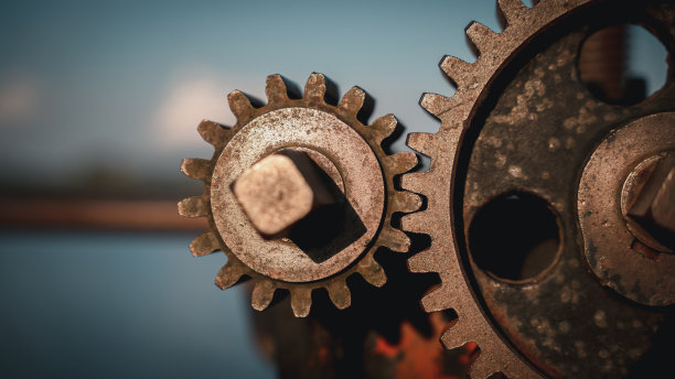 近距离的老工业齿轮。，工业零部件概念。图片下载