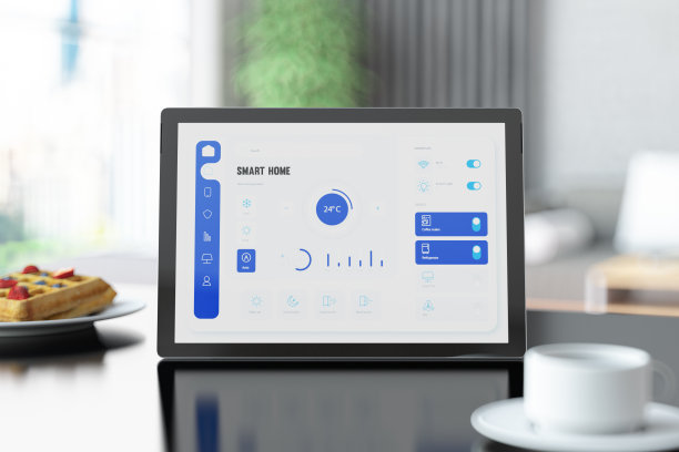 以现代客厅为背景的数字平板电脑智能家居控制面板图片下载