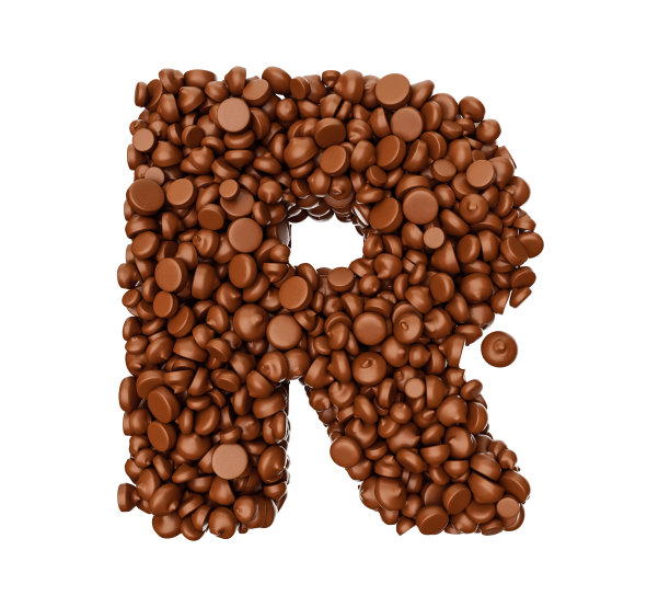由白色背景上孤立的巧克力碎片制成的3d插图R字母图片下载