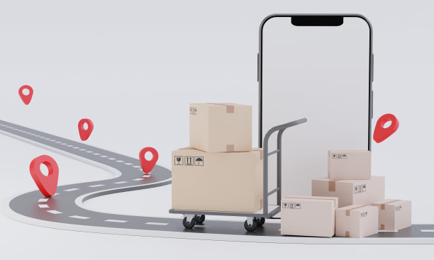 智能手机空白显示与购物车包裹盒和GPS Pin与路线图。快速送货服务的概念。送货和网上购物的概念。三维渲染图图片下载
