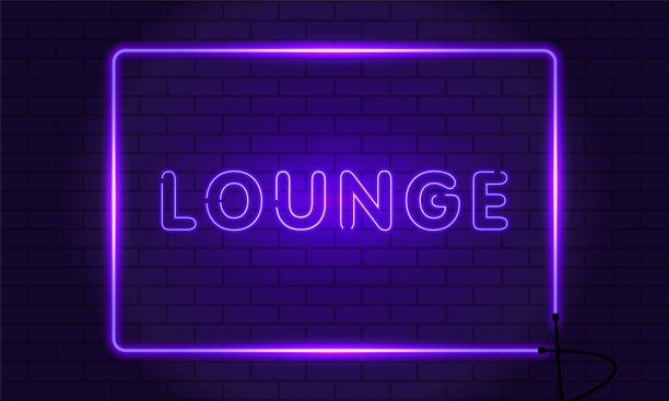 霓虹灯标志休息室在框架砖墙背景。复古电子招牌与明亮的霓虹灯。紫色的光落下来。矢量图图片下载