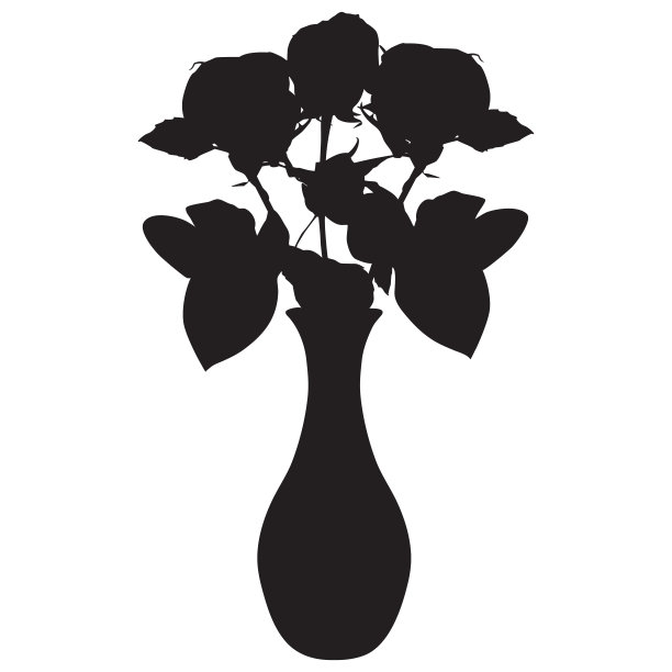 玫瑰花束在花瓶黑色剪影，矢量插图图片下载