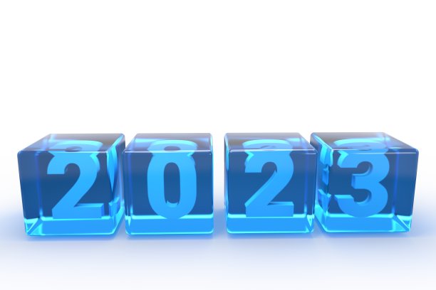 2023 3D文字新年在玻璃盒子上的白色背景，3D渲染图片下载