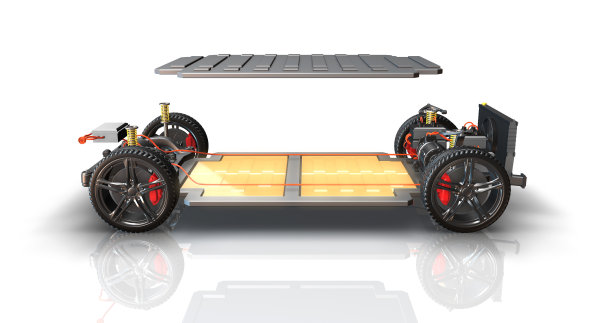 现代通用电动汽车底盘与内部部件。可见锂电池。图片下载