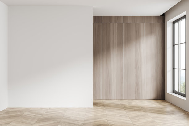时尚的空房间内部和乡村全景窗口。模型墙图片下载