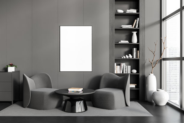 灰色放松室内椅子和书架与书籍，窗户和模型框架图片下载