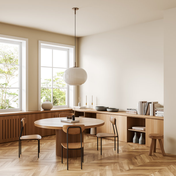 明亮的客厅内部有桌椅，梳妆台和窗户。空墙图片下载