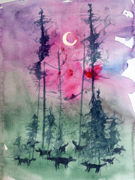 水彩森林。神奇的森林，神秘的狼的剪影。图片下载