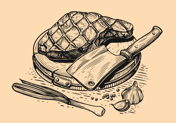 木砧板上烤牛里脊肉和屠刀。烧烤食物，雕刻素描矢量插图图片下载