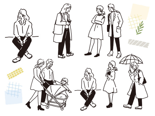 黑白、单调和线条画插图。手写，时尚，杂志，时尚，可爱，人，女孩。图片下载