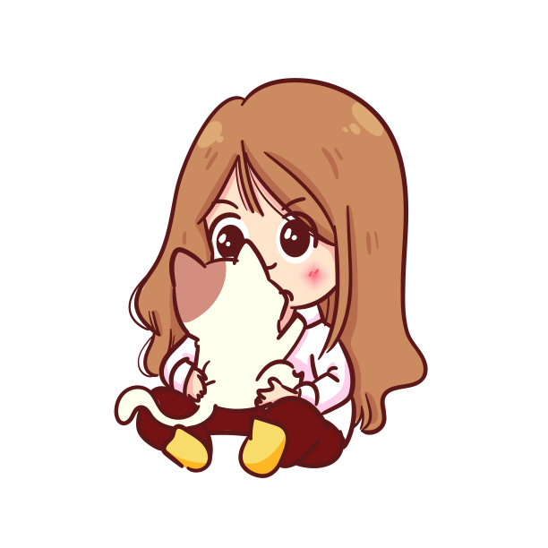 女孩坐着，抱着一个猫字符手绘卡通矢量艺术插图图片下载