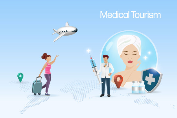整形外科和医疗旅游服务。整形外科医生手持注射器欢迎女乘客飞往美容手术。图片下载