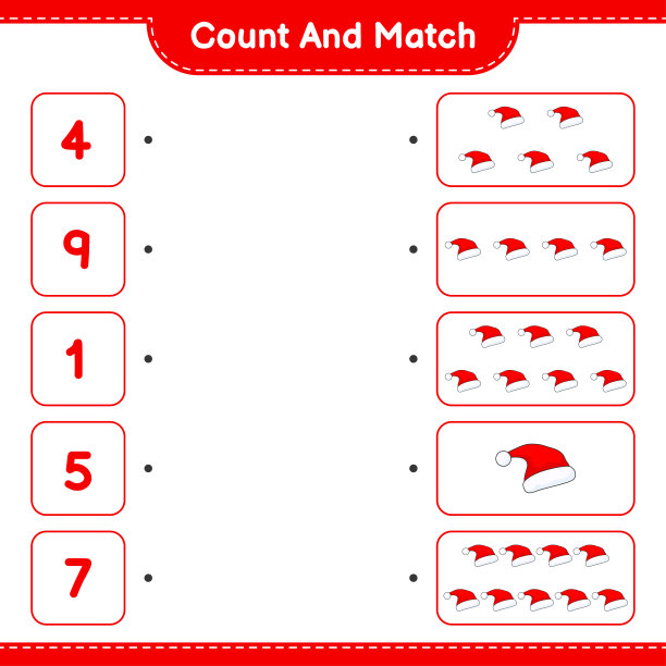 数和匹配，数圣诞帽的数量，并与正确的数字匹配。教育儿童游戏，可打印的工作表，矢量插图图片下载