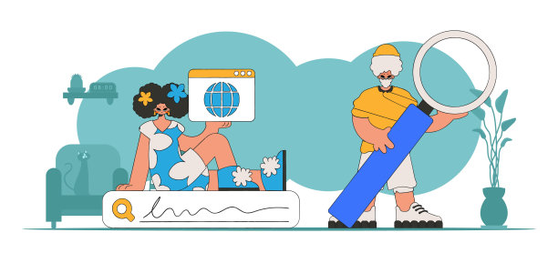 一个女人和一个男人寻找信息的明亮而时尚的插图。教育内容的材料。图片下载