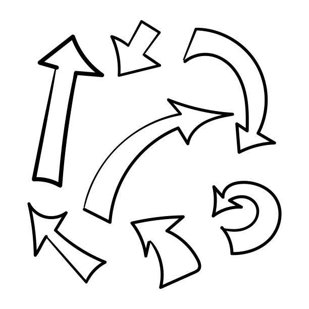 涂鸦设置黑色箭头图标在白色背景。收藏箭头图标为您的网站设计，标志，应用程序，用户界面。箭头表示方向符号。曲线箭头标志。图片下载