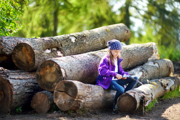 可爱的小女孩用小刀削木棍去森林远足图片下载