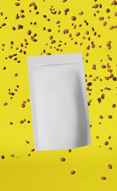 白色哑光袋咖啡豆掉落黄色3D渲染。商品折扣包装店设计促销销售。图片下载
