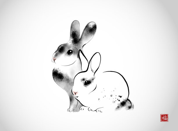 白底黑水墨画兔子。传统的东方水墨画，墨画，墨画。翻译象形文字-幸福图片下载