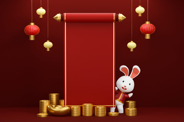 中国新年，十二生肖，金兔和红灯笼。3d插图图片下载