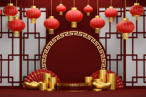 中国新年，十二生肖，金兔和红灯笼。3d插图图片下载