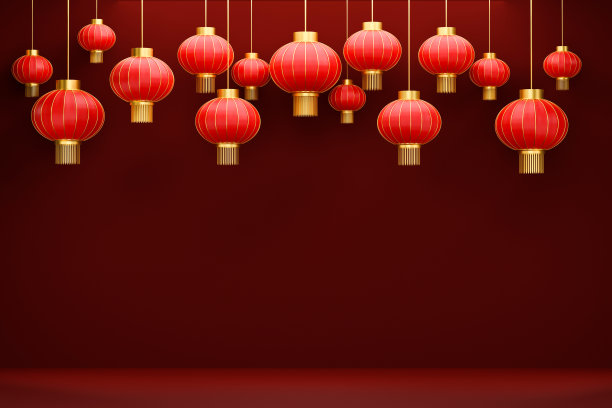 中国新年，十二生肖，金兔和红灯笼。3d插图图片下载