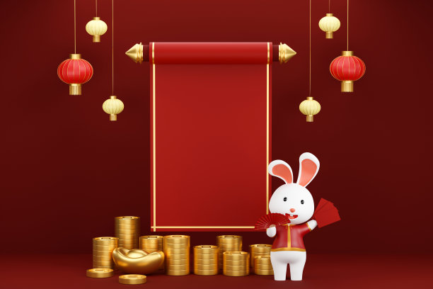 中国新年，十二生肖，金兔和红灯笼。3d插图图片下载
