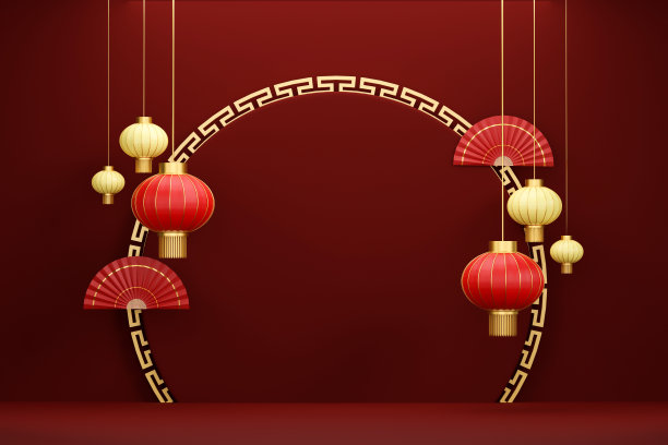 中国新年，十二生肖，金兔和红灯笼。3d插图图片下载