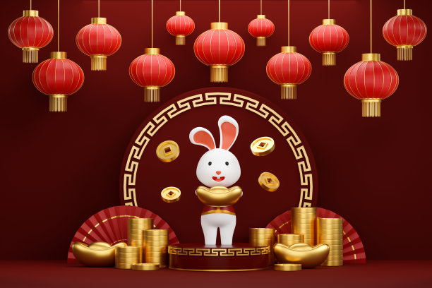 中国新年，十二生肖，金兔和红灯笼。3d插图图片下载