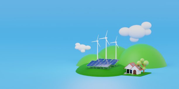 可再生能源，全球变暖和二氧化碳减排概念，迷你风力涡轮机和太阳能电池板在浅蓝色背景的房屋模型屋顶上发电，低多边形和最小风格- 3D渲染。图片下载