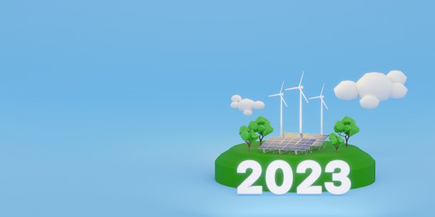 2023年可再生能源，全球变暖和二氧化碳减排概念，迷你风力涡轮机和太阳能电池板发电模型在浅蓝色背景，低多边形和最小风格- 3D渲染。图片下载