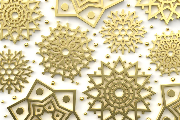 时尚的冬季节日背景金色雪花。圣诞节和新年。3d插图。图片下载