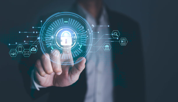 网络安全概念，数据保护和安全的互联网接入，带图标图形的手动触摸屏网络安全连接设备和个人数据安全图片下载