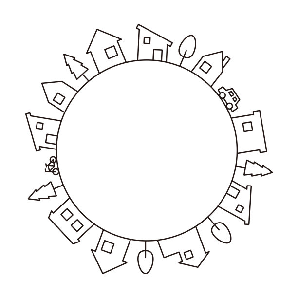 住宅街景的线条插图。版本。圆形，黑色，类型2图片下载