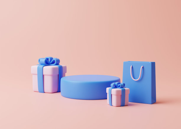 讲台，礼品盒和购物袋在粉彩粉红色的背景图片下载