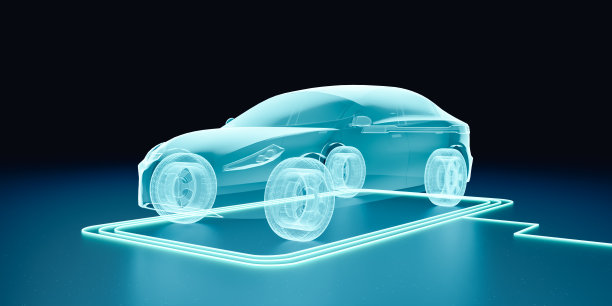 智能自动驾驶电动汽车在无线充电站垫充电，全自动驾驶城市汽车充电电池在感应充电垫停车，未来电动汽车技术3d渲染图片下载