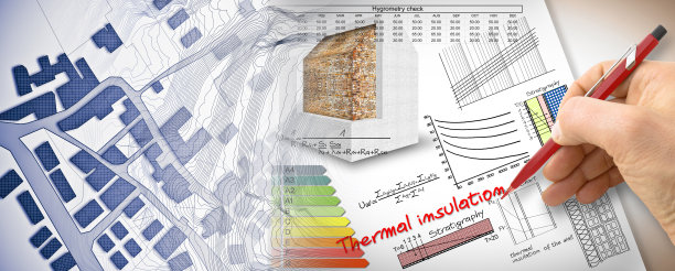 工程师编写关于隔热和建筑能源效率的公式和图表-带有城市地图的概念图像图片下载