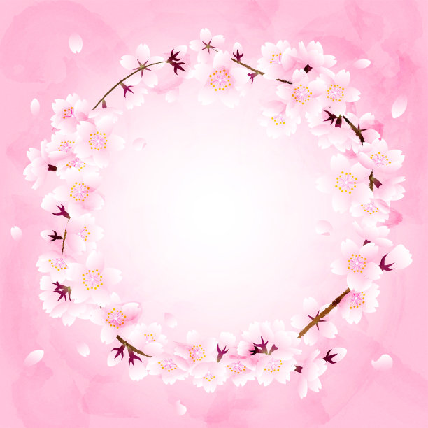 圆形框架的樱花和飘落的花瓣在粉红色的背景图片下载